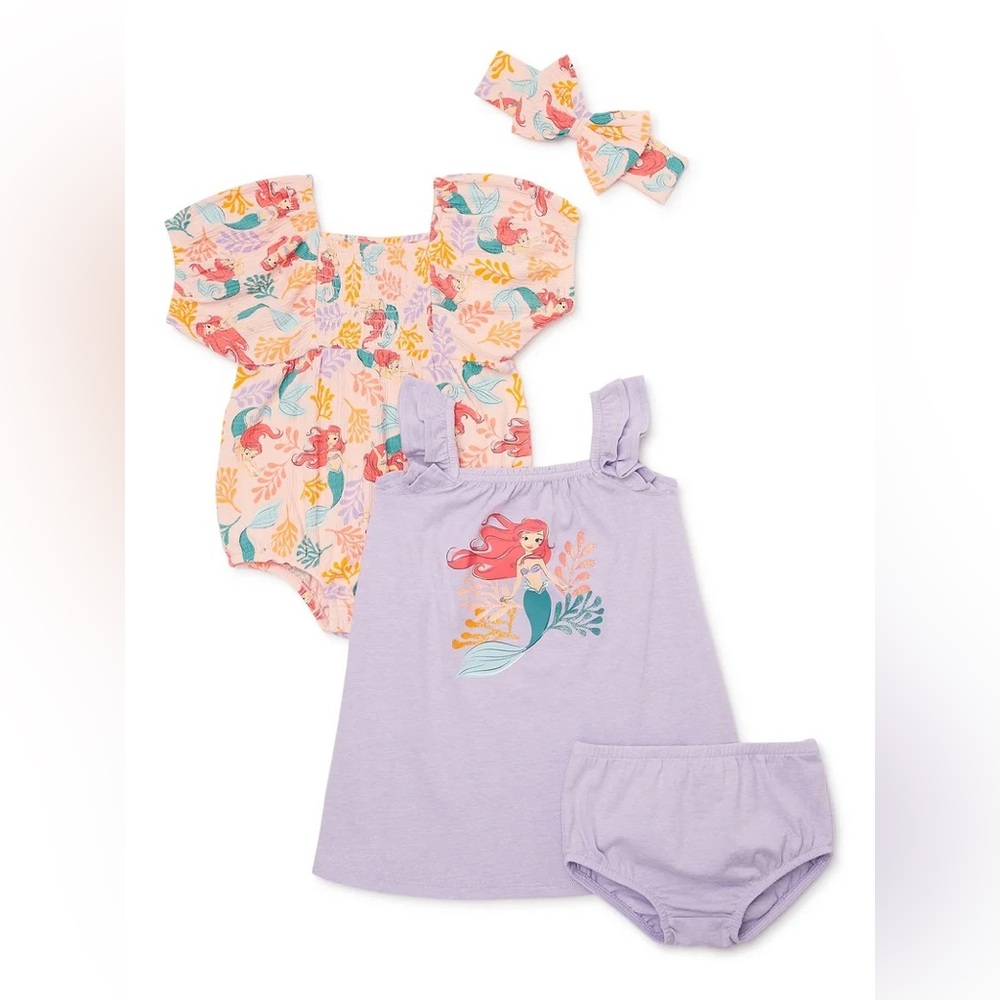 Disney Little Mermaid Lavender and Coral Girls Matching Set Bubble and dress